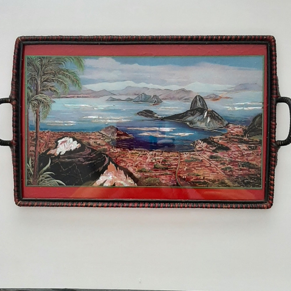Stunning Vintage Abalone Inlay Wooden Serving Tray Handles Picturesque Island